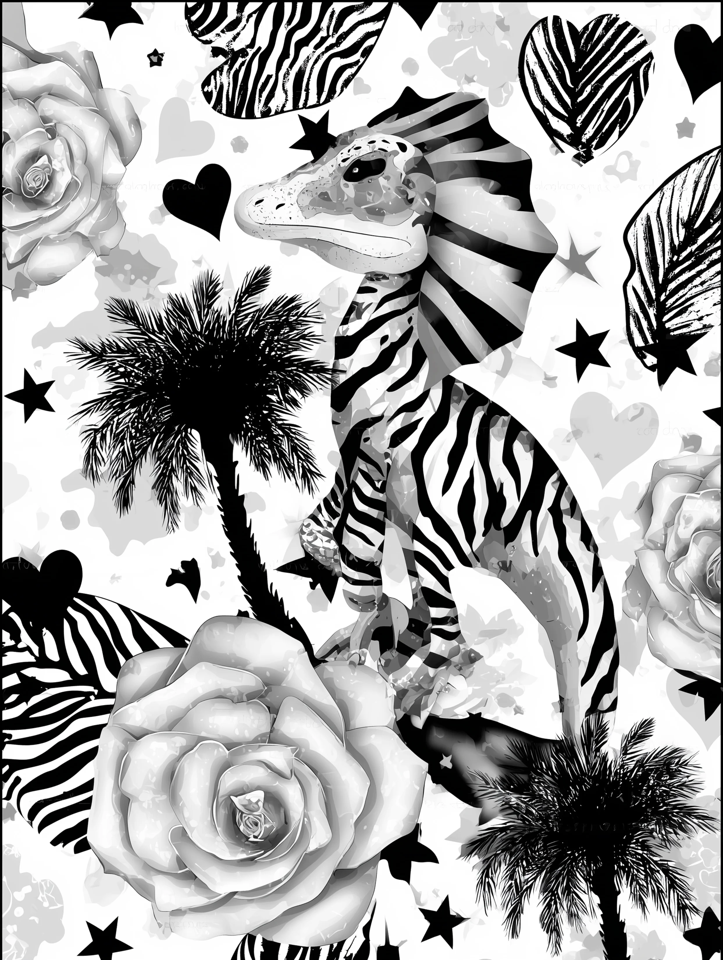 Free printable dinosaur coloring page for adults featuring a dinosaur climbing a palm tree